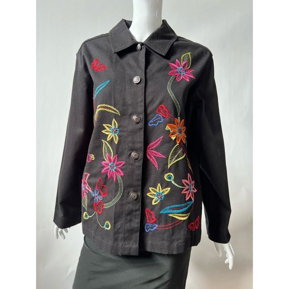 White Stag Womens Denim Jacket Coat Black Floral Button Up Embroidered S New - Picture 8 of 12